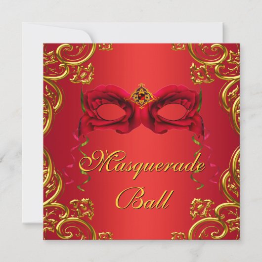 Invitation Gold Red Mask Red Masquerade Party (Devant)