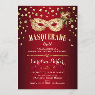 Invitation Gold Red Masquerade Ball fête d'anniversaire