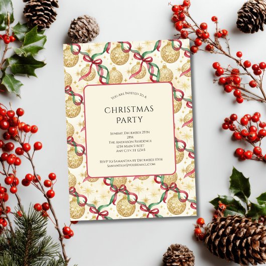 Invitation Gold Red Ornamy Bows Fête de Noël