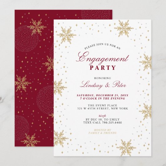 Invitation Gold & Red Winter Christmas Engagement Party Invit (Devant / Derrière)