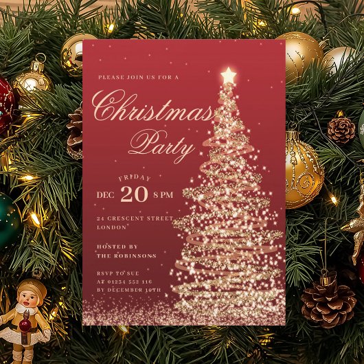 Invitation Gold Red Winter Christmas Tree Holiday Party