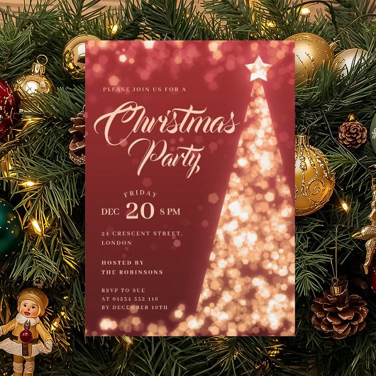 Invitation Gold Red Winter Christmas Tree Holiday Party