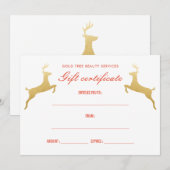 Invitation Gold Reindeer Élégant certificat cadeau de vacance (Devant / Derrière)