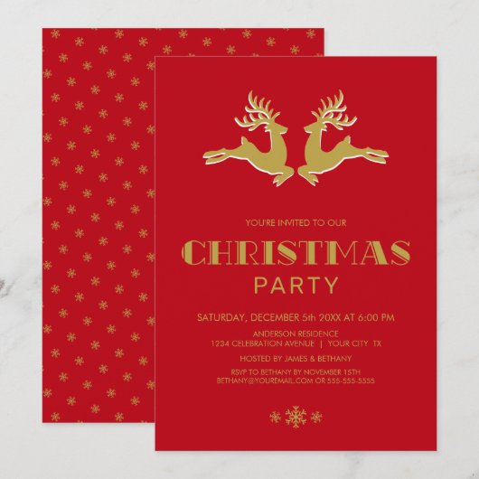 Invitation Gold Reinder Red Christmas Party (Devant / Derrière)