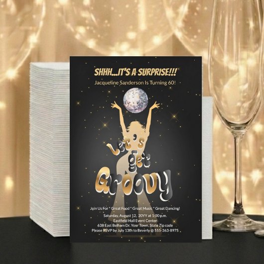 Invitation Gold Retro Let's Get Groovy 60th Birthday Party