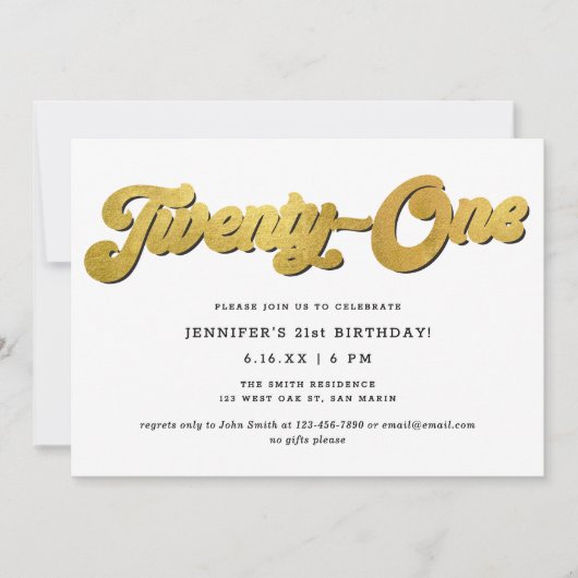 Invitation Gold Retro Script Black White 21st Birthday Party (Devant)