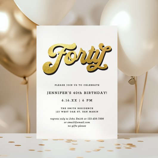 Invitation Gold Retro Script Black White 40th Birthday Party