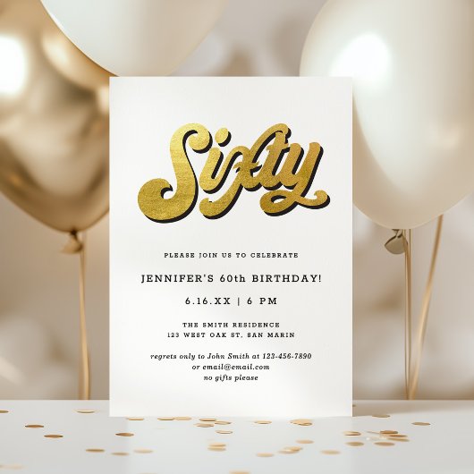 Invitation Gold Retro Script Black White 60th Birthday Party
