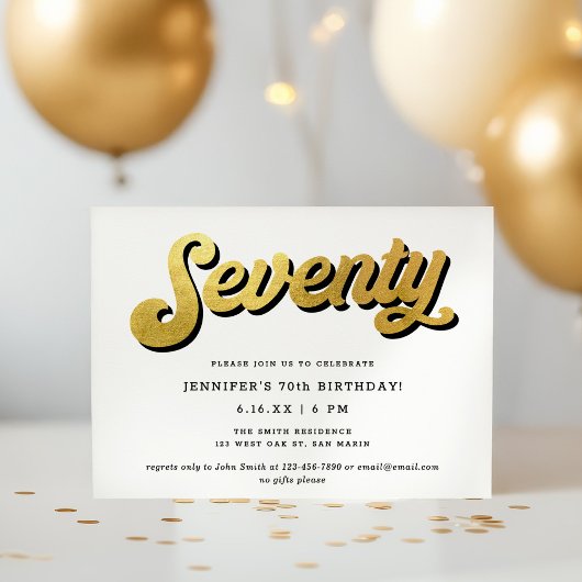Invitation Gold Retro Script Black White 70th Birthday Party