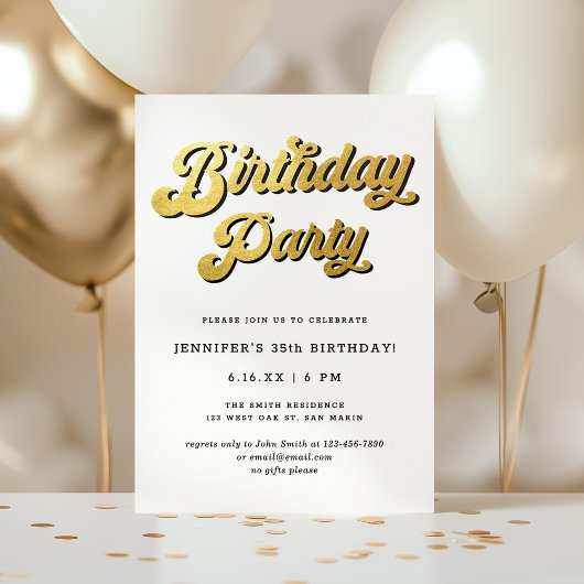 Invitation Gold Retro Script Black & White Birthday Party