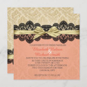 Invitation Gold Ribbon Damask Lace Coral Wedding Inviter (Devant / Derrière)