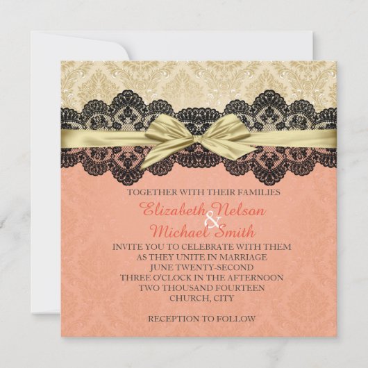 Invitation Gold Ribbon Damask Lace Coral Wedding Inviter (Devant)