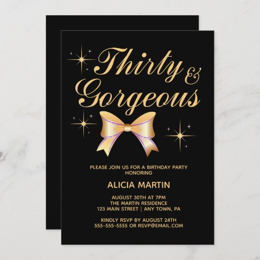 Invitation Gold Ribbon Girl Trente et magnifique Noir Anniver (Devant / Derrière)
