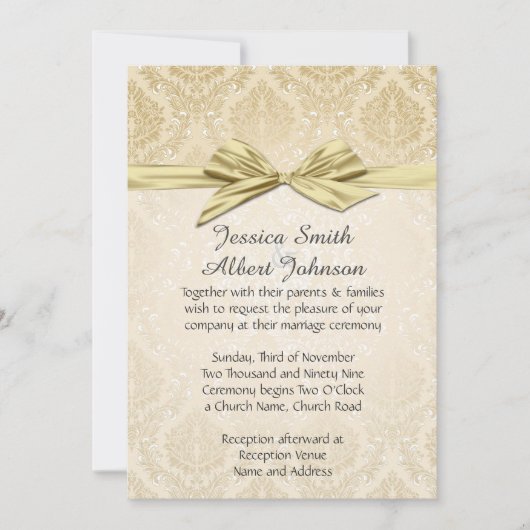 Invitation Gold Ribbon Gold Mariage damassé (Devant)