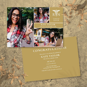 Invitation Gold RN Nursing 3 Photo Graduation Party