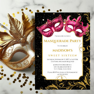 Invitation Gold Rose Anniversaire Masquerade Party