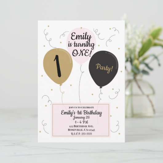 Invitation Gold Rose & Black Balloons Fille 1er anniversaire  (Debout devant)