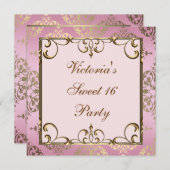 Invitation Gold Rose Damask Sweet 16 Anniversaire (Devant / Derrière)