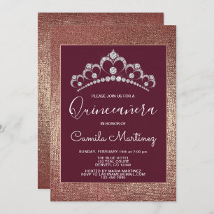 Invitation Gold rose et Quinceanera Bourgogne avec Tiara