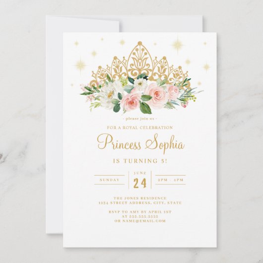 Invitation Gold rose Étincelle Princesse Floral Tiara Anniver (Devant)