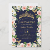 Invitation Gold Rose Navy Bourgogne Floral Tiara Quinceanera (Devant)