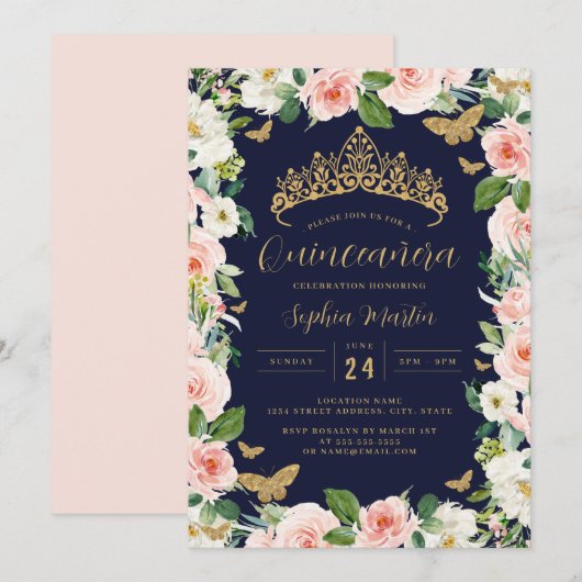 Invitation Gold Rose Navy Bourgogne Floral Tiara Quinceanera (Devant / Derrière)