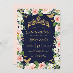 Invitation Gold Rose Navy Bourgogne Floral Tiara Quinceanera