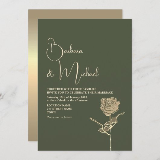 Invitation Gold Rose Sage Green Mariage élégant (Devant / Derrière)