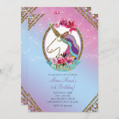 Invitation Gold rose violet magique Unicorne fête d'anniversa (Devant / Derrière)