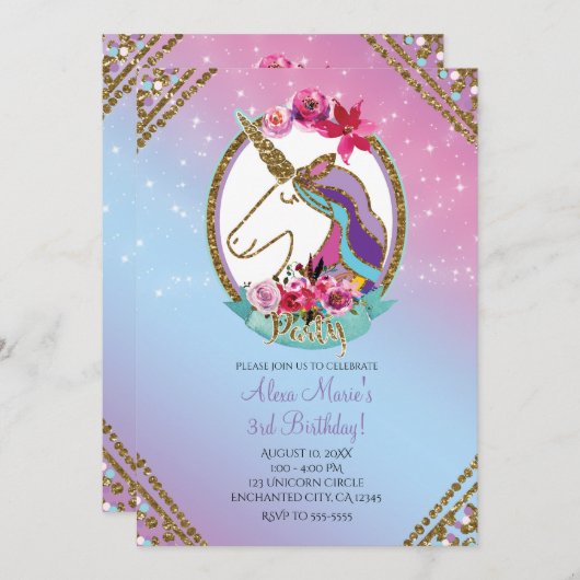 Invitation Gold rose violet magique Unicorne fête d'anniversa (Devant / Derrière)
