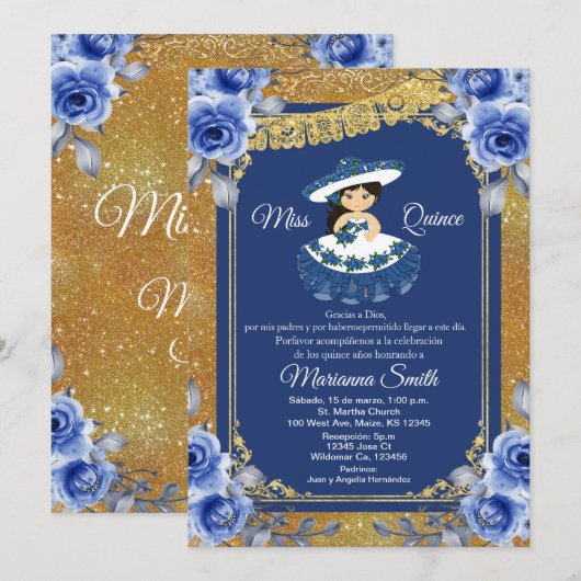 Invitation Gold Roses Bleues Royales Quinceañera  (Devant / Derrière)