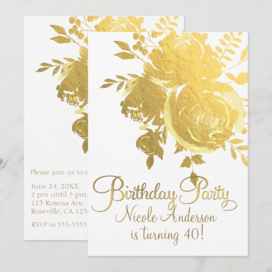 Invitation Gold Roses Faux Foil Élégante fête d'anniversaire (Devant / Derrière)