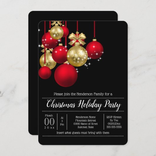 Invitation Gold rouge Noël baubles fête de vacances chic (Devant / Derrière)