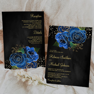 Invitation Gold Royal Blue Floral tout en un Mariage noir