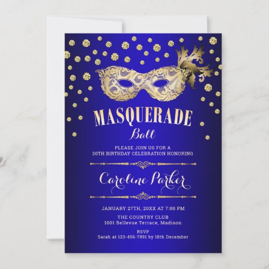 Invitation Gold Royal Blue Masquerade Ball fête d'anniversair (Devant)