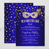Invitation Gold Royal Blue Masquerade Ball fête d'anniversair (Devant / Derrière)