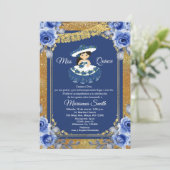 Invitation Gold Royal Blue Roses Quinceañera  (Debout devant)