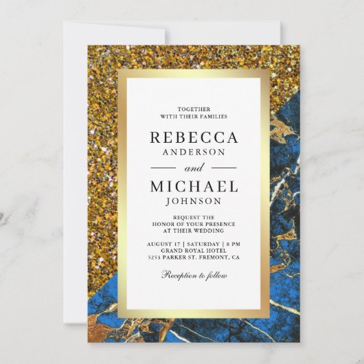 Invitation Gold Royal Marbre bleu QR Code Mariage blanc (Devant)