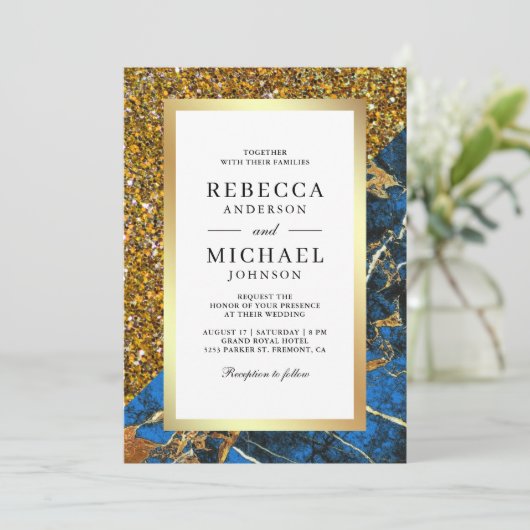 Invitation Gold Royal Marbre bleu QR Code Mariage blanc (Debout devant)