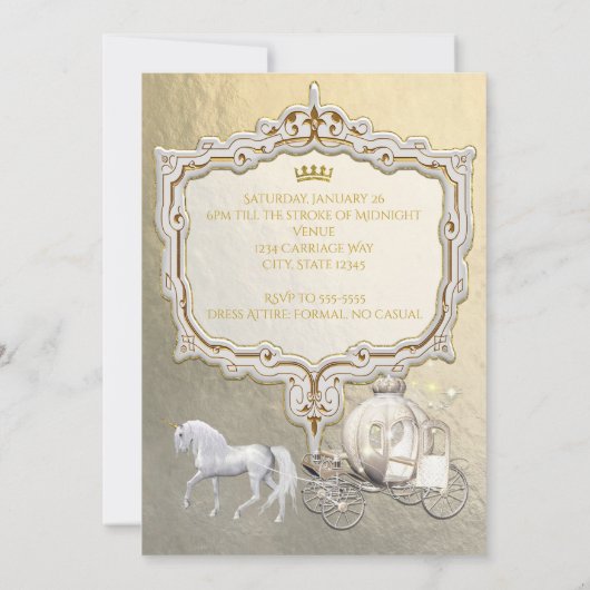 Invitation Gold Royal Princess Storybook Carriage & Unicorn (Dos)