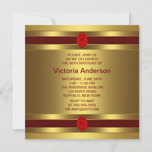 Invitation Gold Ruby Red Womans 60e fête d'anniversaire (Dos)
