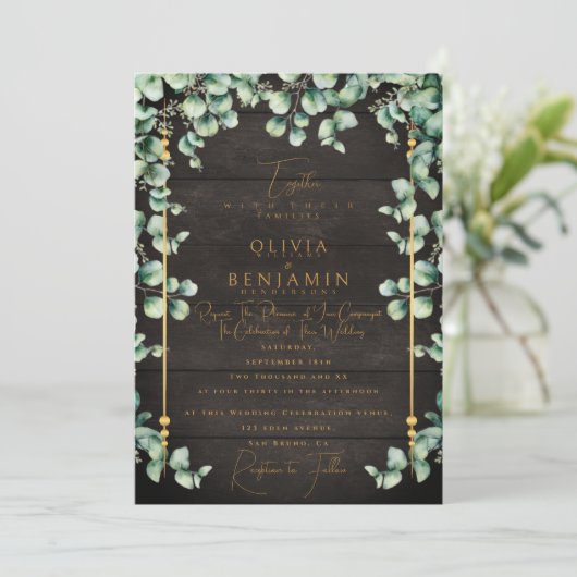 Invitation Gold Rustic Wood & Eucalyptus Mariage de verdure I (Debout devant)