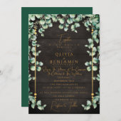 Invitation Gold Rustic Wood & Eucalyptus Mariage de verdure I (Devant / Derrière)