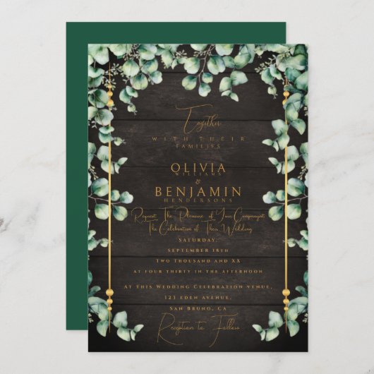 Invitation Gold Rustic Wood & Eucalyptus Mariage de verdure I (Devant / Derrière)