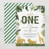 Invitation Gold Safari Jungle Animaux Wild Un premier anniver (Devant / Derrière)