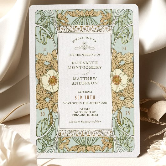 Invitation Gold Sage Green Art Nouveau Alphonse Mucha Mariage