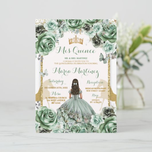 Invitation Gold Sage Green Princesa Quinceañera Fleurs (Debout devant)