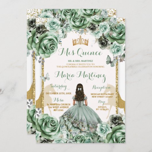 Invitation Gold Sage Green Princesa Quinceañera Fleurs (Devant / Derrière)