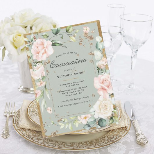 Invitation Gold Sage Vert élégant Floral Quinceañera