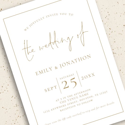 Invitation Gold Script 3 Photos Ligne Bordure QR Code Mariage